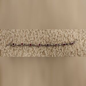 Vtg 925 Sterling Silver Red Stone Link Bracelet Mexico Womens